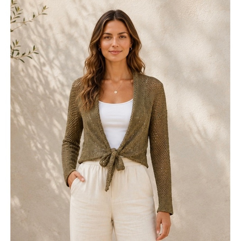 Peruvian Connection Womens Shoreham Cardigan M Olive Pima Cotton Tie Front Boho